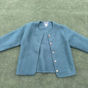 Pendleton Womens SZ Med 100% Wool Green Cardigan Sweater Embroidered